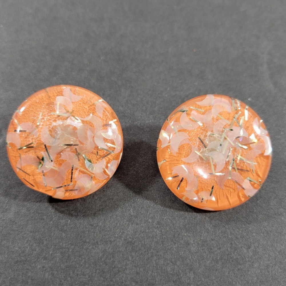 Vintage Lucite Clip On Earrings Large Round Orange Sparkly 1.25" 80s